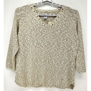 Acorn Sweater Womens Size XL Beige Linen Cotton Blend 3/4 Sleeve Beading Detail